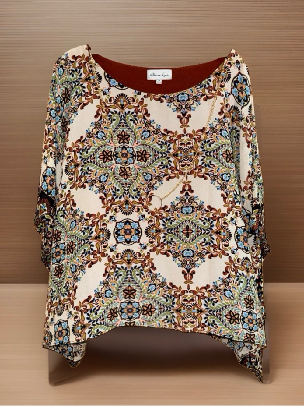 Meera Lane Printed Cream Paisley-Style Tunic Top with Accent Chain-1X-EC